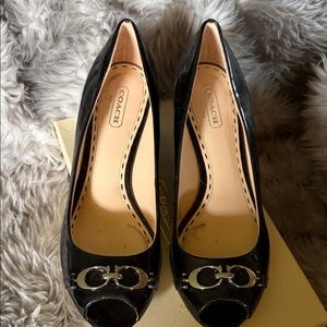 Coach Glossy Black Peep-Toe Heels